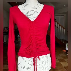 Ambiance Red Ruched V-Neck Long Sleeve Top